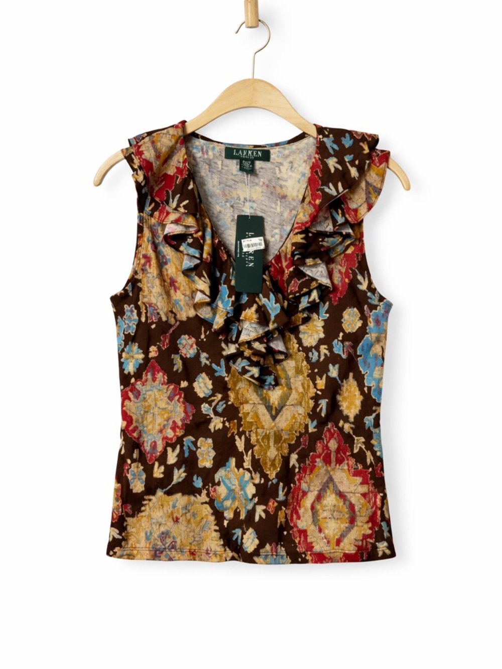 Ralph Lauren Brown Floral Medallion Ruffle V-Neck Tank